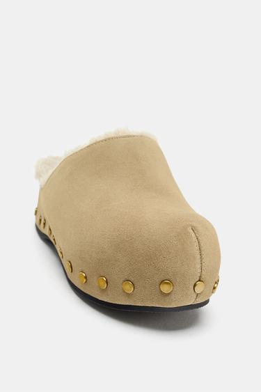 STUDDED SPLIT SUEDE CLOGS - Sand Brown by Zara - Image 5