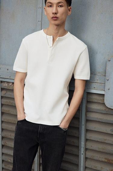 Zara 紋理鈕扣領T恤 - 白色