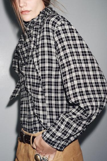 CHECK SHIRT WITH MULTIPOSITIONAL SCARF ZW COLLECTION - Mid-grey by Zara