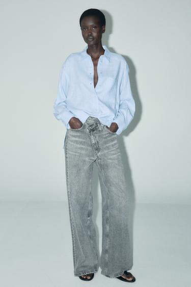 CAMISA OVERSIZE CON LINO - Azul claro de Zara