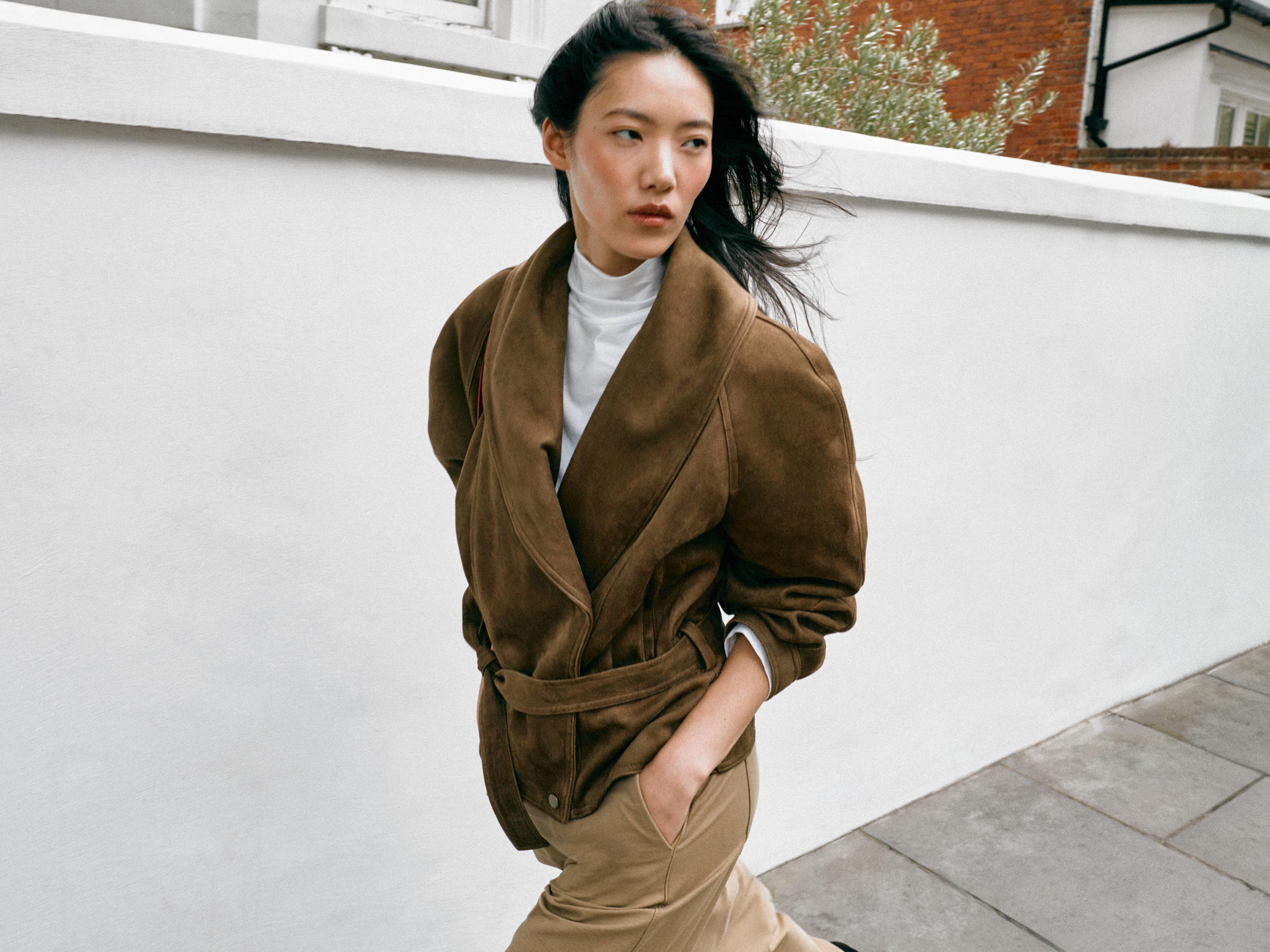 FAUX SUEDE BELTED JACKET — taupe brown