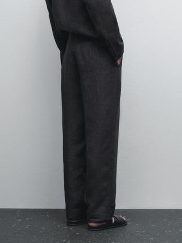Pantalon délavé 100 % lin - Bleu chiné de Zara