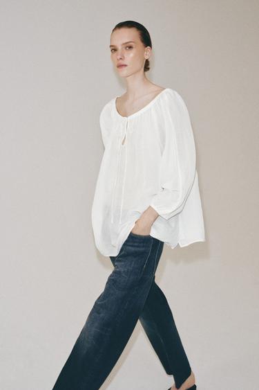 ZW COLLECTION LINEN BLEND BLOUSE - White by Zara