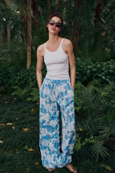 STRIPED WIDE-LEG TROUSERS - Ecru / Blue by Zara - Image 0