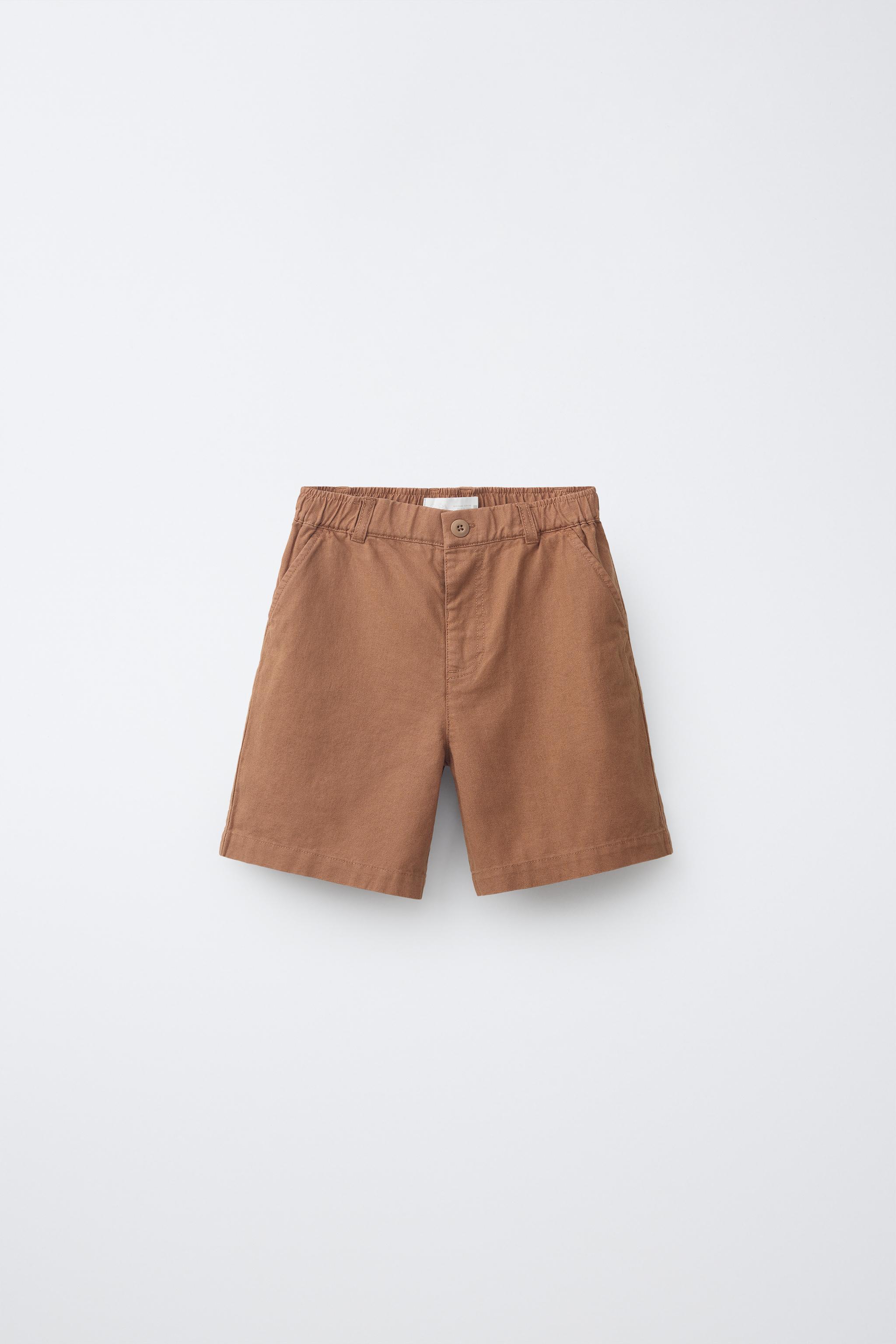 COTTON AND LINEN SHORTS — Caramel