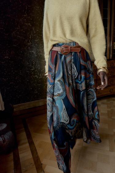 JUPE MI-LONGUE IMPRIMÉE AVEC FIL MÉTALLISÉ ET CEINTURE - Bleu / Bleu marine de Zara - Image 3