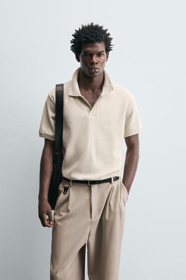 Zara TEXTURED KNIT POLO SHIRT - Beige