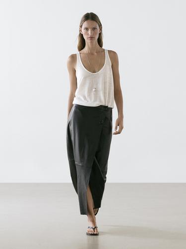 Zara Nappa leather midi skirt with seams - Black