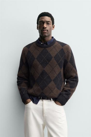 WOOL BLEND ARGYLE JACQUARD JUMPER - Dark brown by Zara