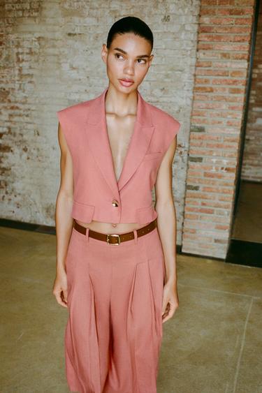 سترة صدرية قصيرة بطيات أمامية من الكتان - MARSALA by Zara