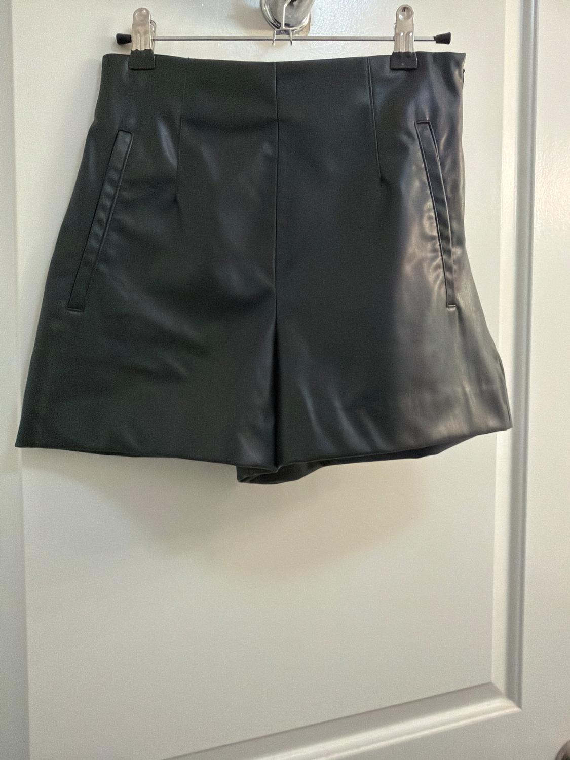 Shiny black shorts hanging on a hanger over a white door.