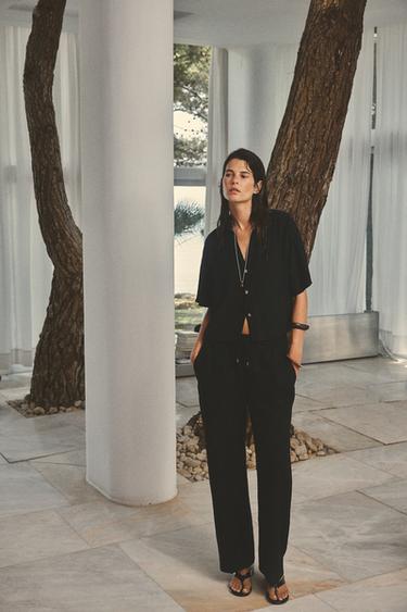 CALÇA RETA COM LINHO - Preto da Zara