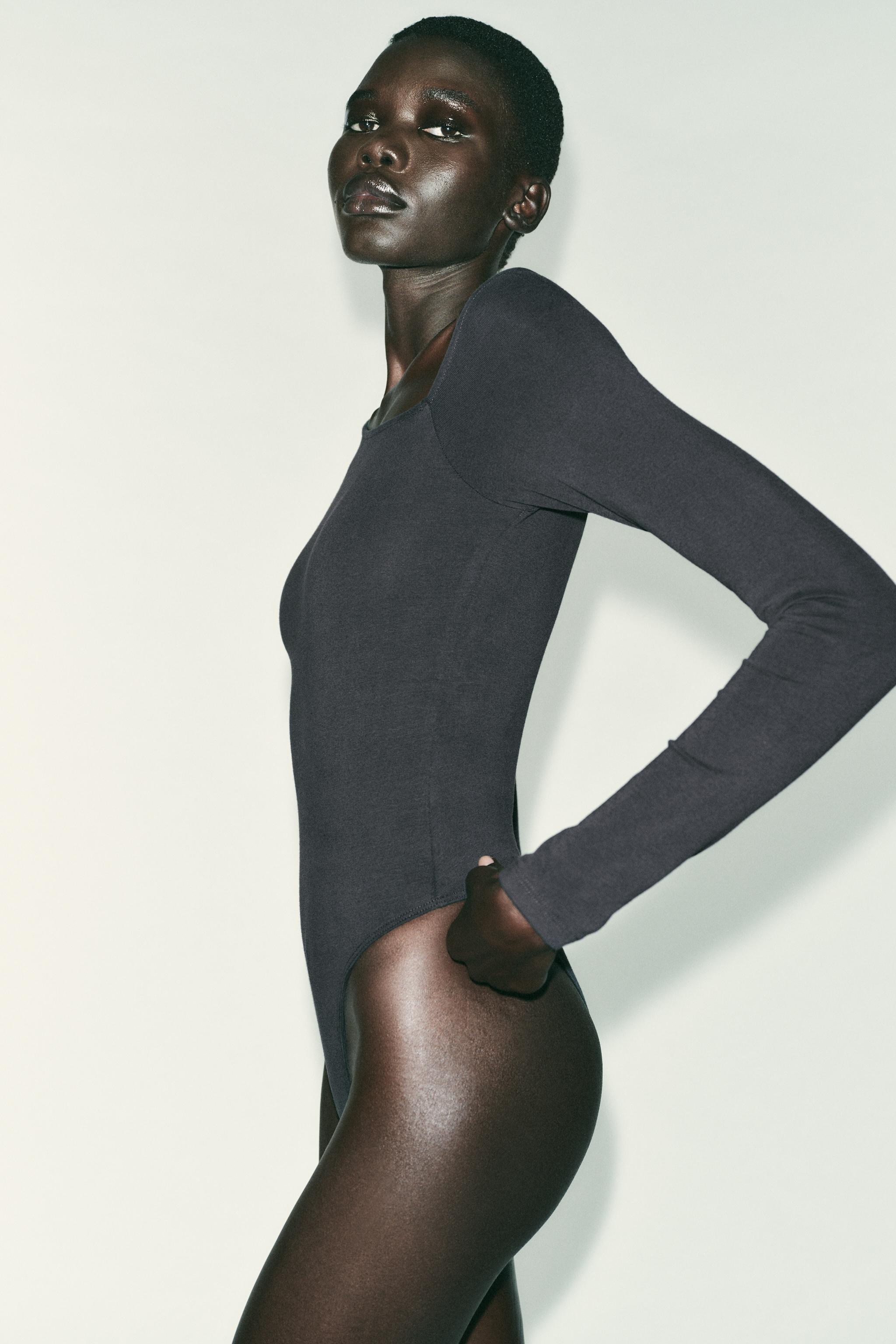 ASYMMETRIC LONG SLEEVE BODYSUIT - Charcoal gray | ZARA