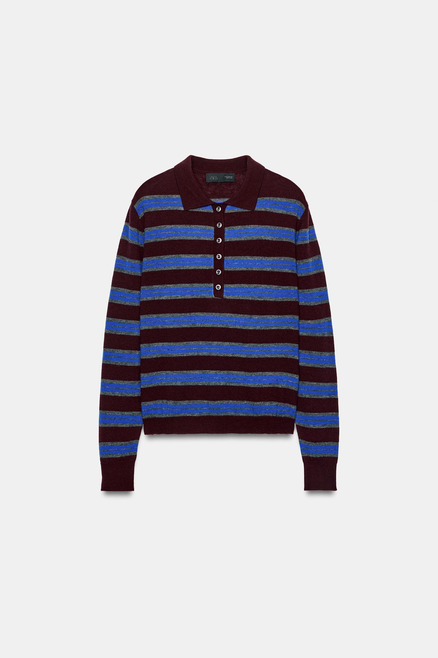 Женское поло Zara Extra-Soft 100% Wool Striped Polo, цвет: Бордовый — фото 4