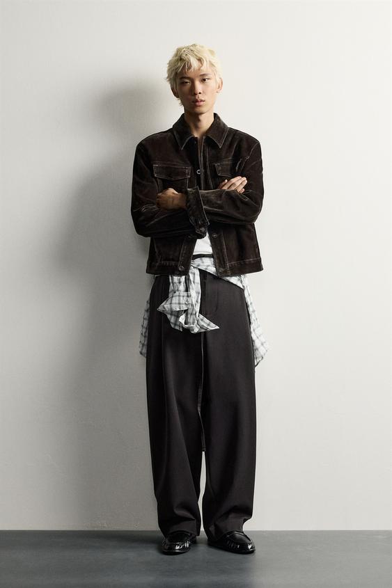 FLOCKED DENIM CROPPED FIT JACKET - Brown by Zara - Image 0