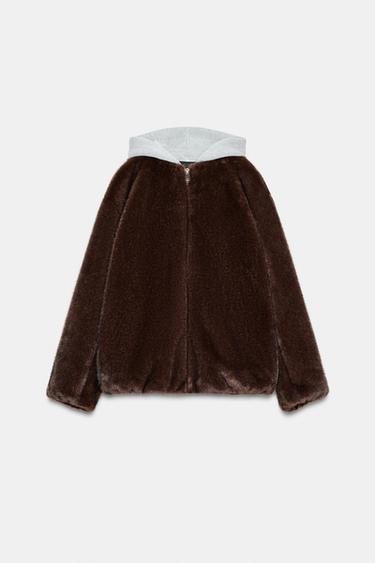 CONTRAST BOMBER JACKET WITH FAUX FUR HOODIE - Brown by Zara
