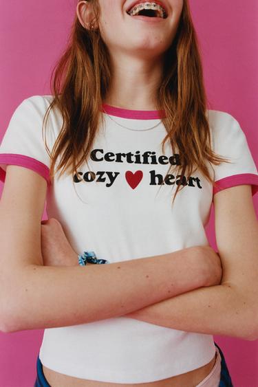 Zara 羅紋撞色標語 T 恤 - 淡粉紅色