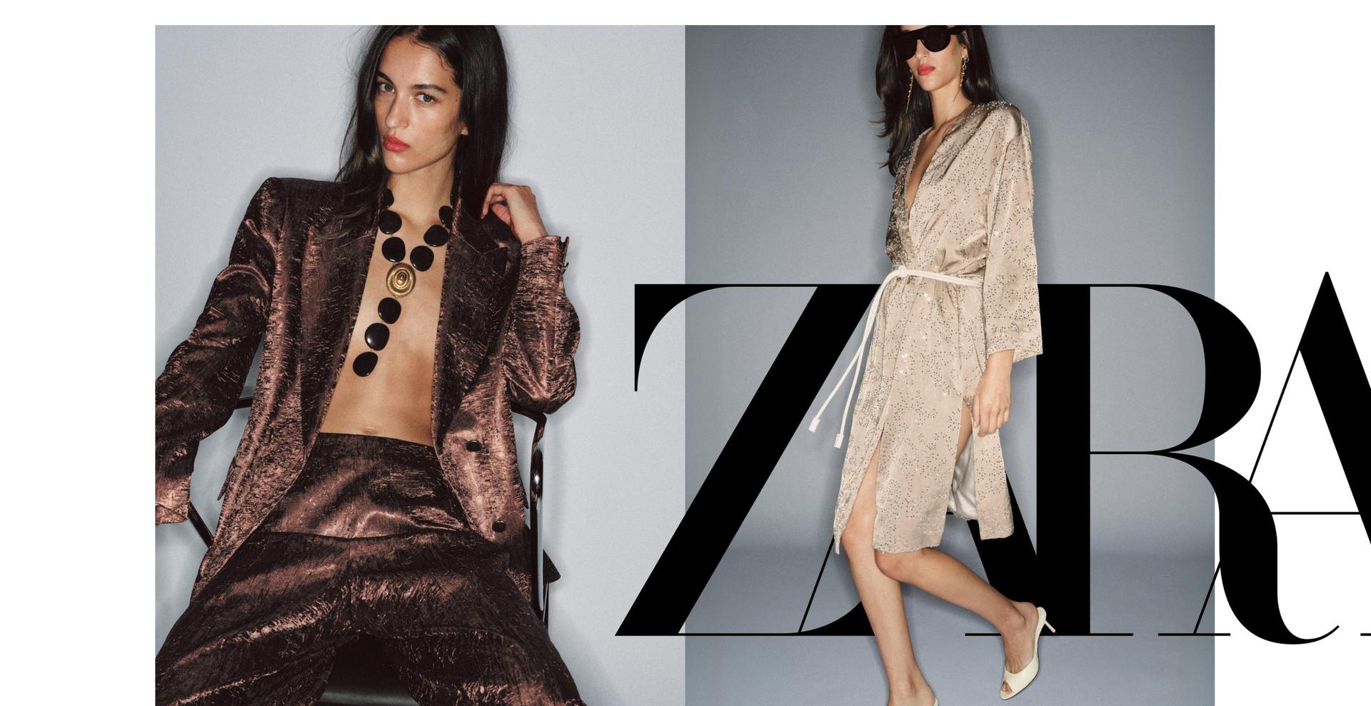 Dva modela poziraju u elegantnoj odjeći. Jedna nosi smeđe odijelo i crnu ogrlicu, druga bež haljinu. Vidljiv tekst: "ZARA".