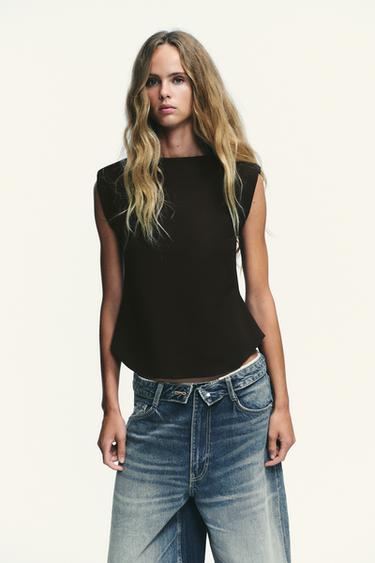CREPE PEPLUM TOP WITH SHOULDER PADS - Brown by Zara