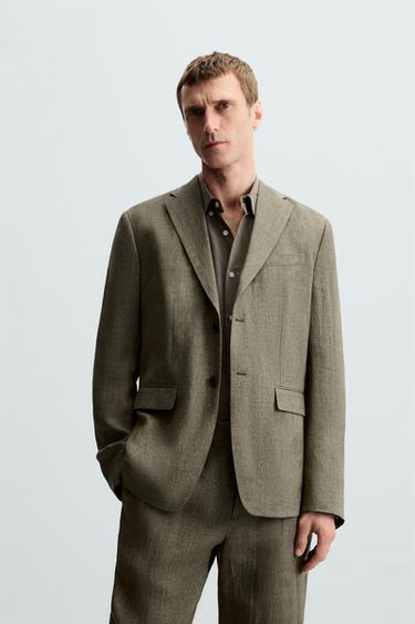 100% LINEN SUIT BLAZER - Dark khaki by Zara