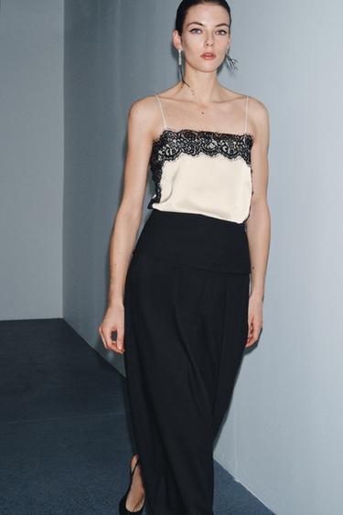 TOP IN SATINOPTIK MIT SPITZE ZW COLLECTION - Weiß / Schwarz von Zara