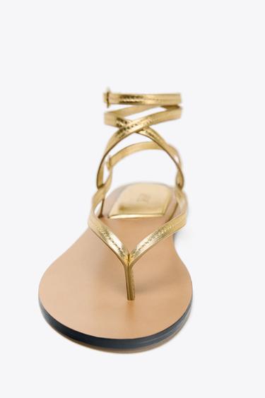 LEATHER STRAPPY SANDALS WITH METALLIC EFFECT - Gold by Zara - Image 3