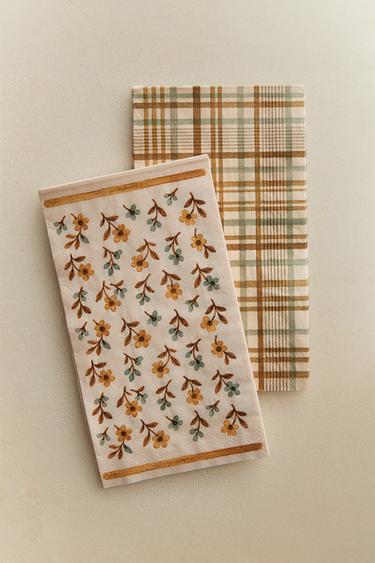FLORAL AND CHECK PAPER NAPKINS (PACK OF 30) - Beige by Zara