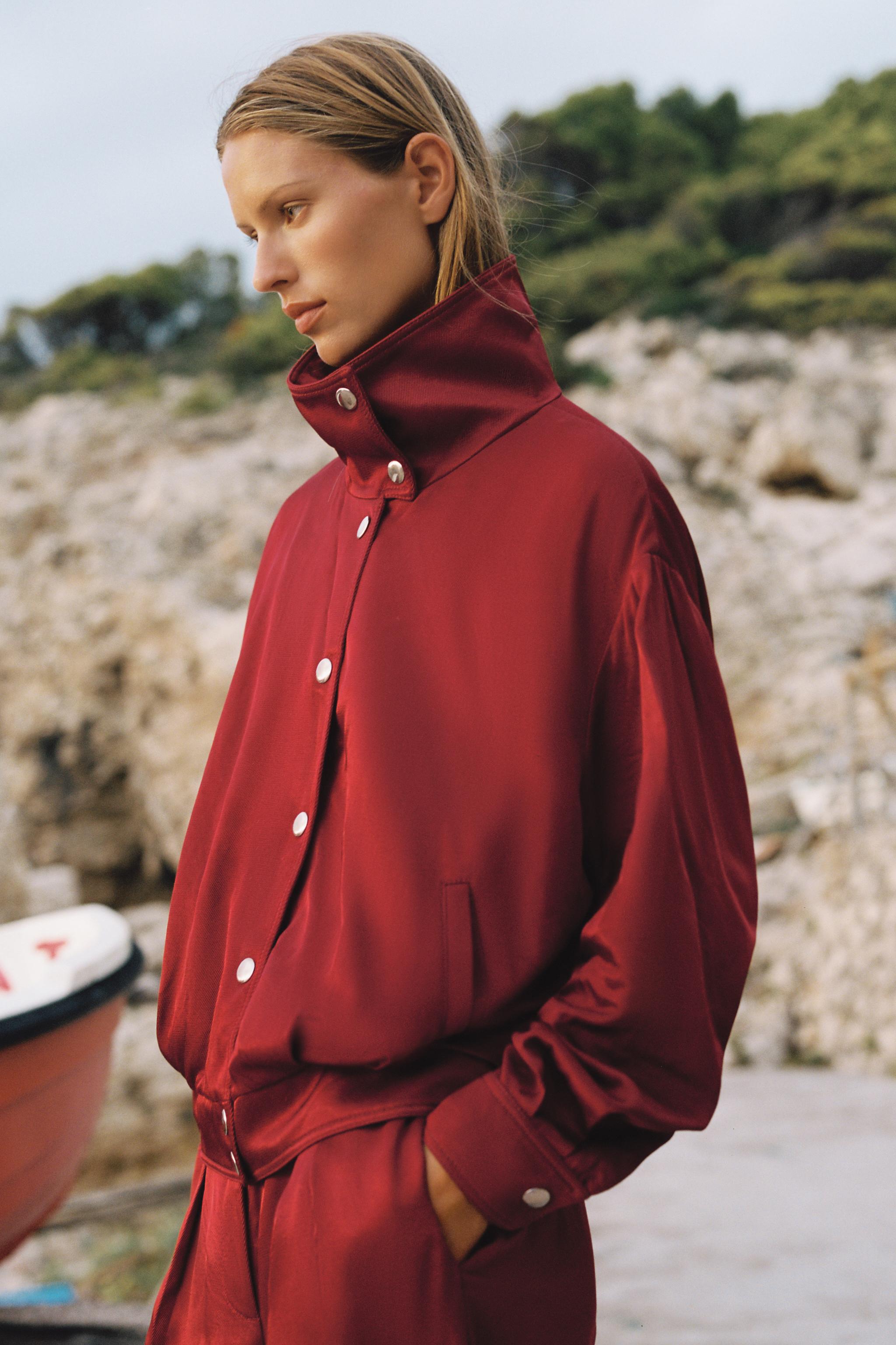 STAND-UP COLLAR BOMBER JACKET — Burgundy