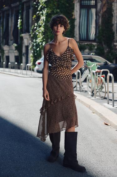 ASYMMETRIC POLKA DOT MIDI SKIRT - Khaki by Zara
