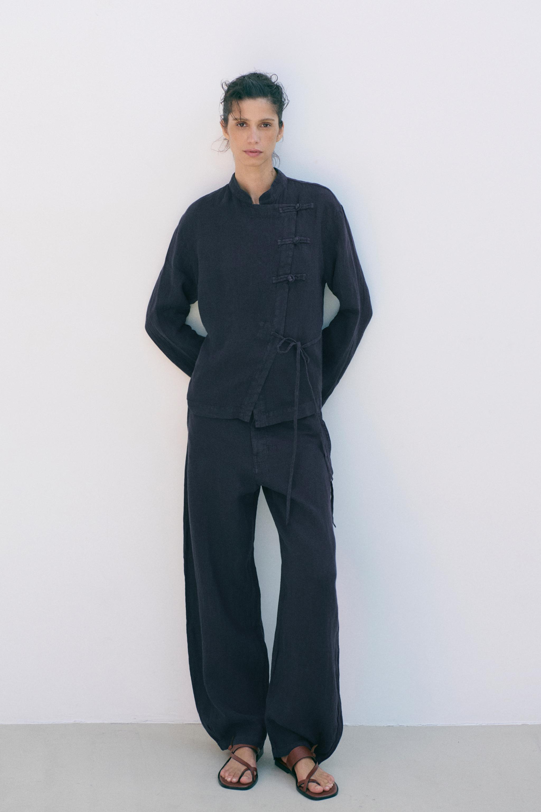 ZW COLLECTION 100% LINEN WRAP BLOUSE — Blue