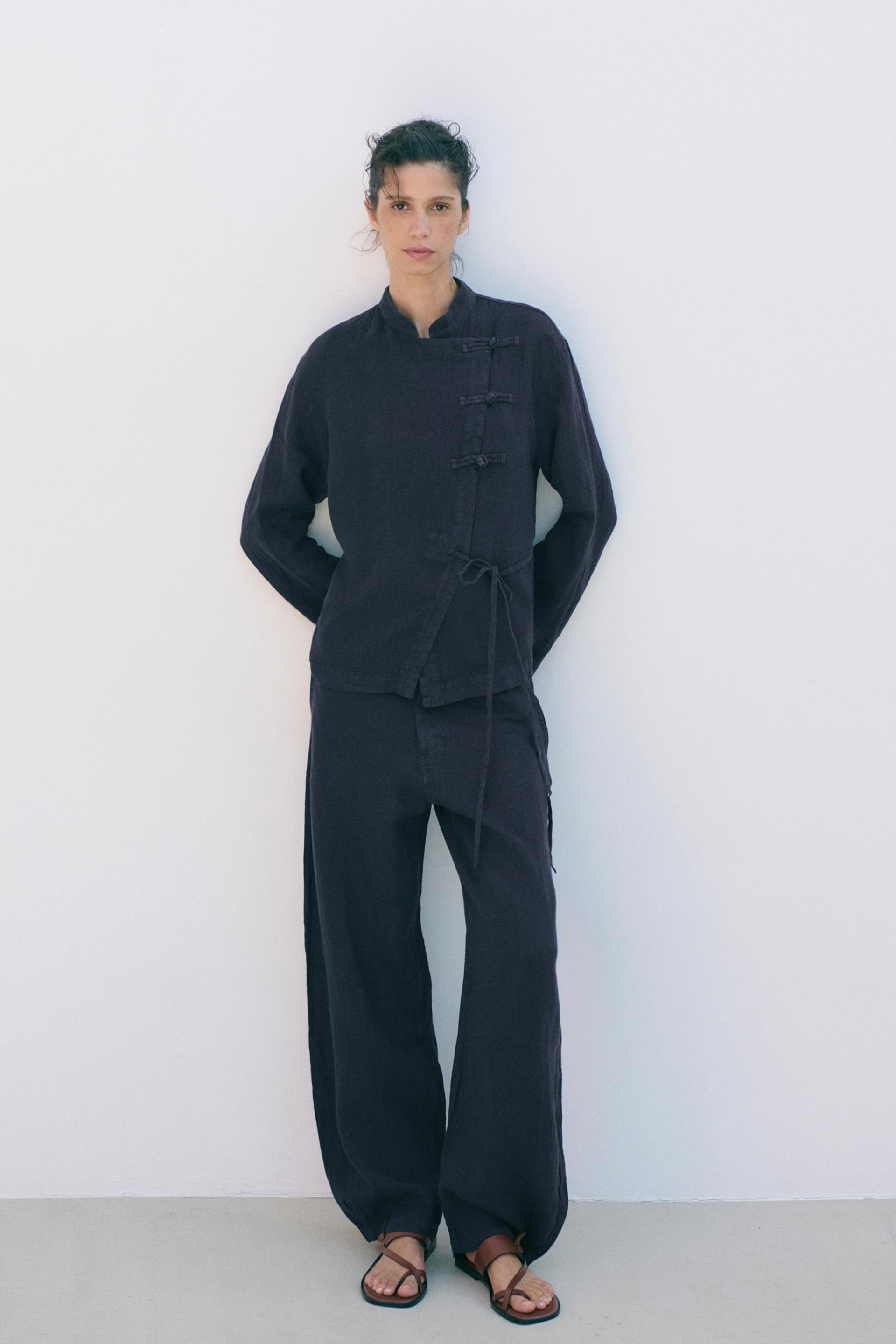 Zw Collection 100% Linen Barrel Trousers