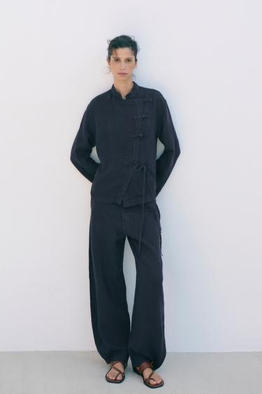 Zara 100% LINEN BARREL TROUSERS ZW COLLECTION - Blue