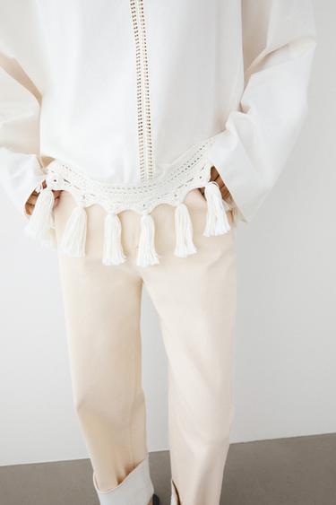 Blusa bordados detalle bajo flecos - Blanco de Zara