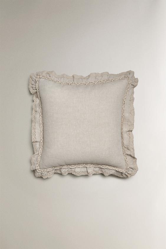 Zara LINEN THROW PILLOW COVER FOR QUILTS WITH LACE TRIM - Light beige - Image 0