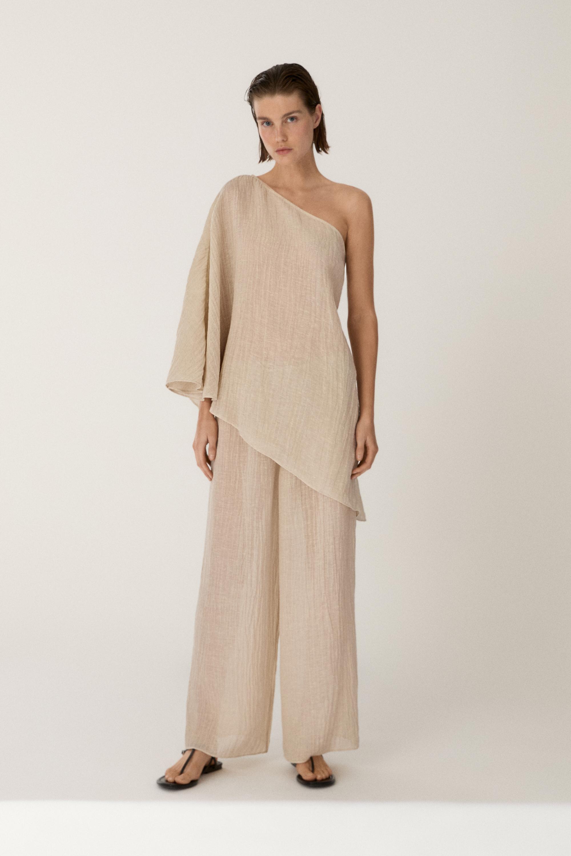Total look flowing waffle-knit linen blend trousers — Beige marl