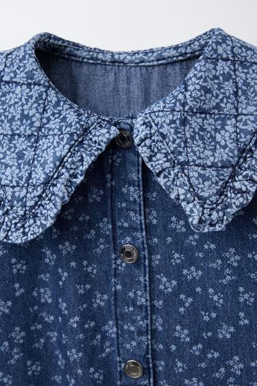Zara FLORAL DENIM DRESS - Mid-blue