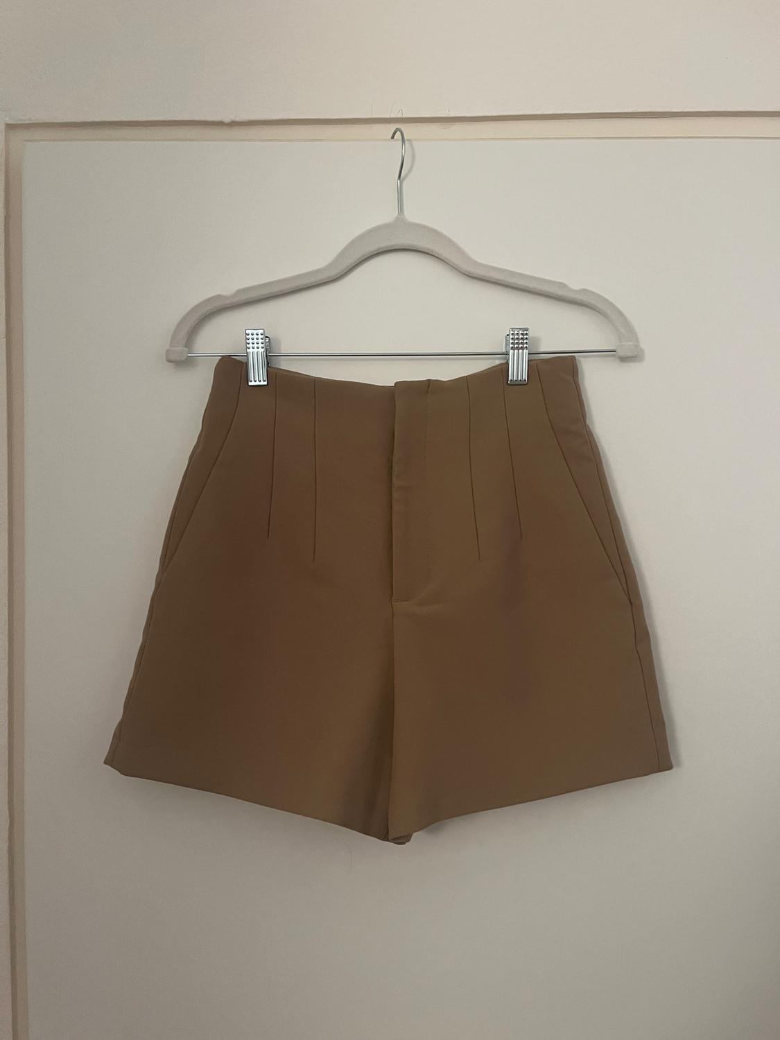 Brown shorts hanging on a white hanger over a white door.