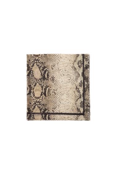 Snake print scarf in beige and brown tones, folded on a white background.