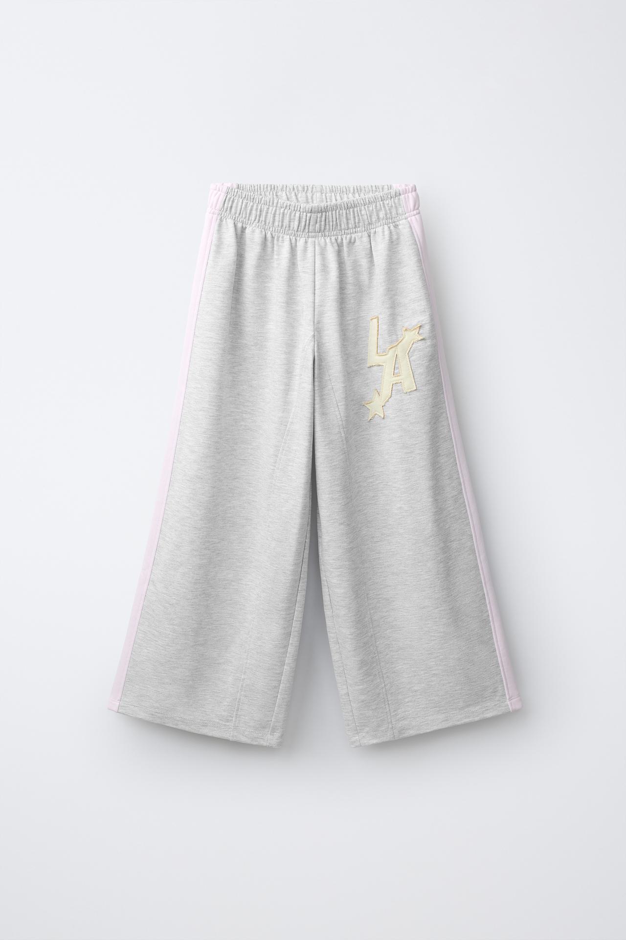 WIDE-LEG FLEECE PANTS WITH PATCH — Gray marl
