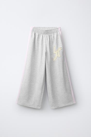 WIDE-LEG FLEECE PANTS WITH PATCH — Gray marl 1