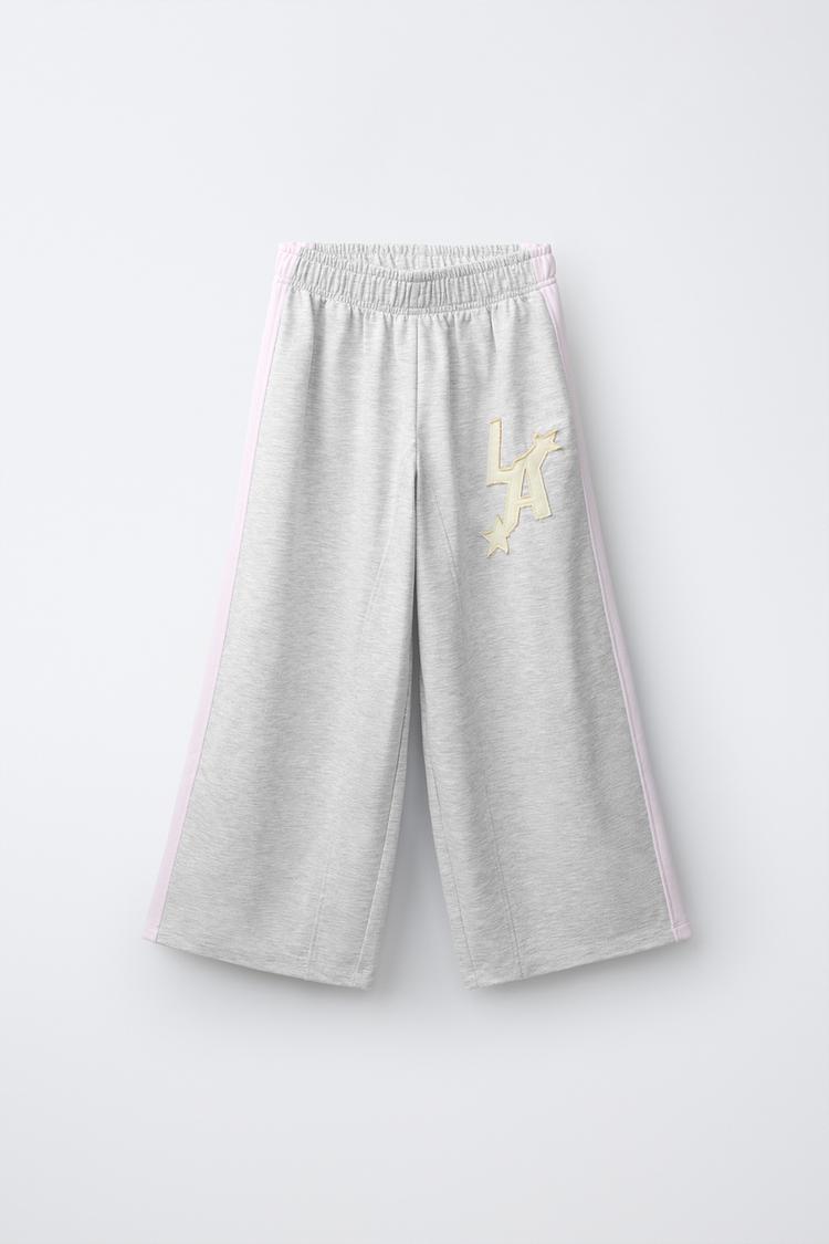 WIDE-LEG FLEECE PANTS WITH PATCH — Gray marl