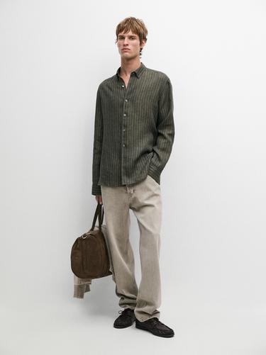 Zara Striped flowing linen shirt - Green marl