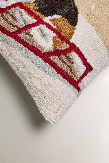 WOOL BLEND CHRISTMAS CUSHION COVER WITH SLEIGHING DOG - Ecru by Zara - Image 1