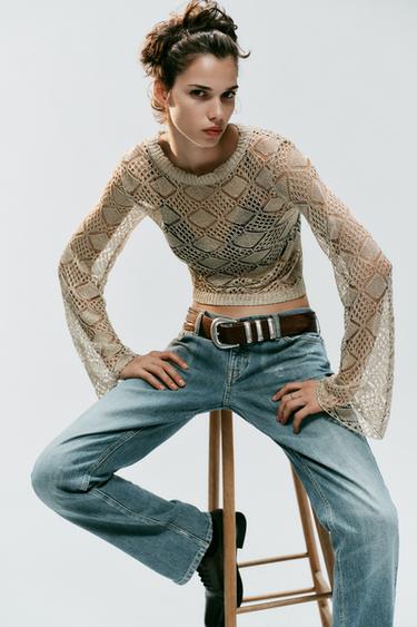 PULL EN MAILLE POINTELLE À MANCHES ÉVASÉES - Doré de Zara - Image 3