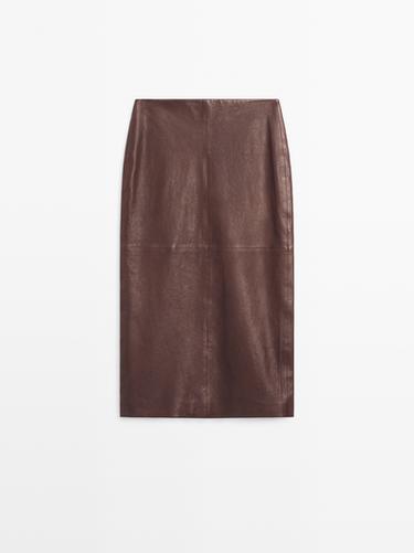 Zara Straight nappa leather midi skirt - Brown