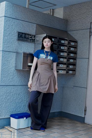 깅엄 체크 홀터넥 미니 원피스 - Zara 페일 로즈