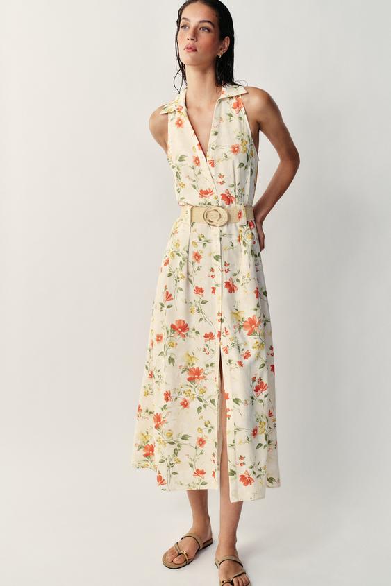 zara printed midi dress NWT SS24 Embroidered Floral Ecru/Beige Wmns Sz M 3447/ conSHINEment 183 cmMidi dress with a regular collar Dresses for Women | ZARA