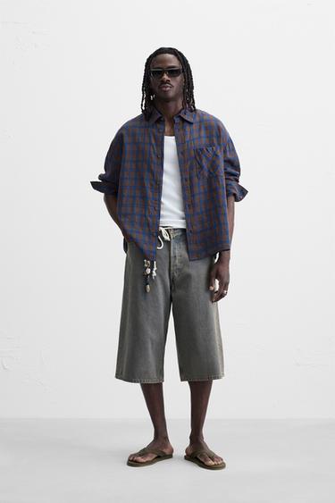 CHECK COTTON/LINEN SHIRT - Brown-Blue by Zara - Image 0