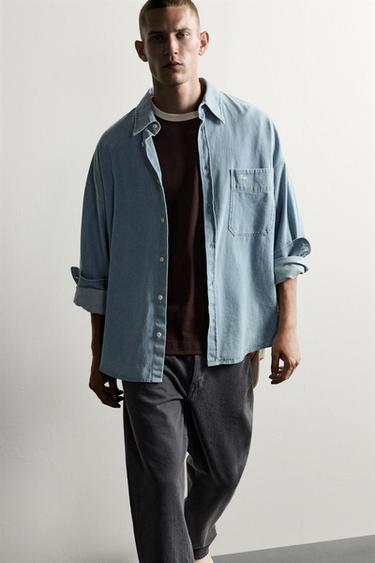 Zara RELAXED-FIT EMBROIDERED DENIM SHIRT - Sky blue