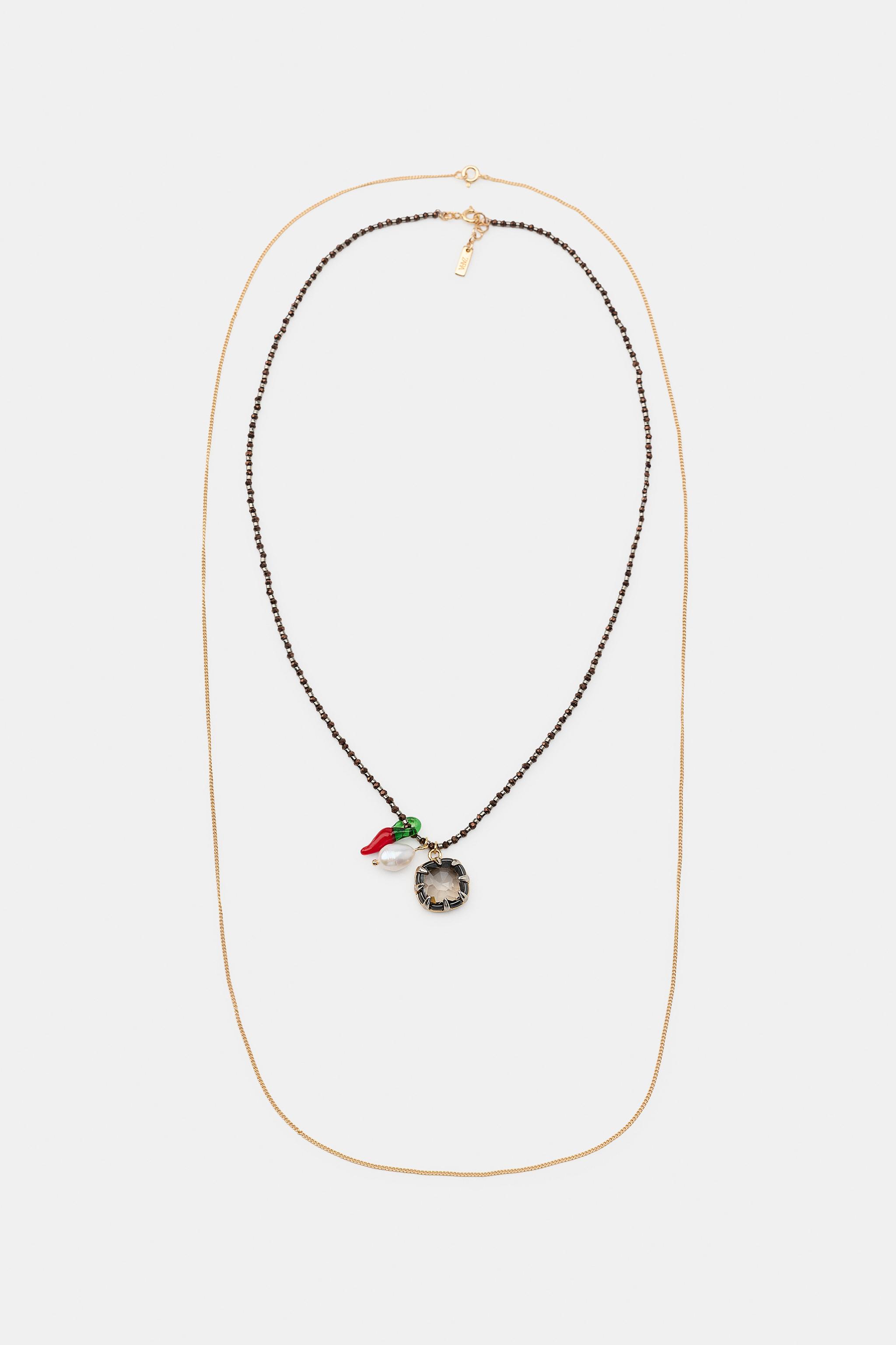 PACK OF 2 CHAIN, PEARL AND CHARM NECKLACES — Golden
